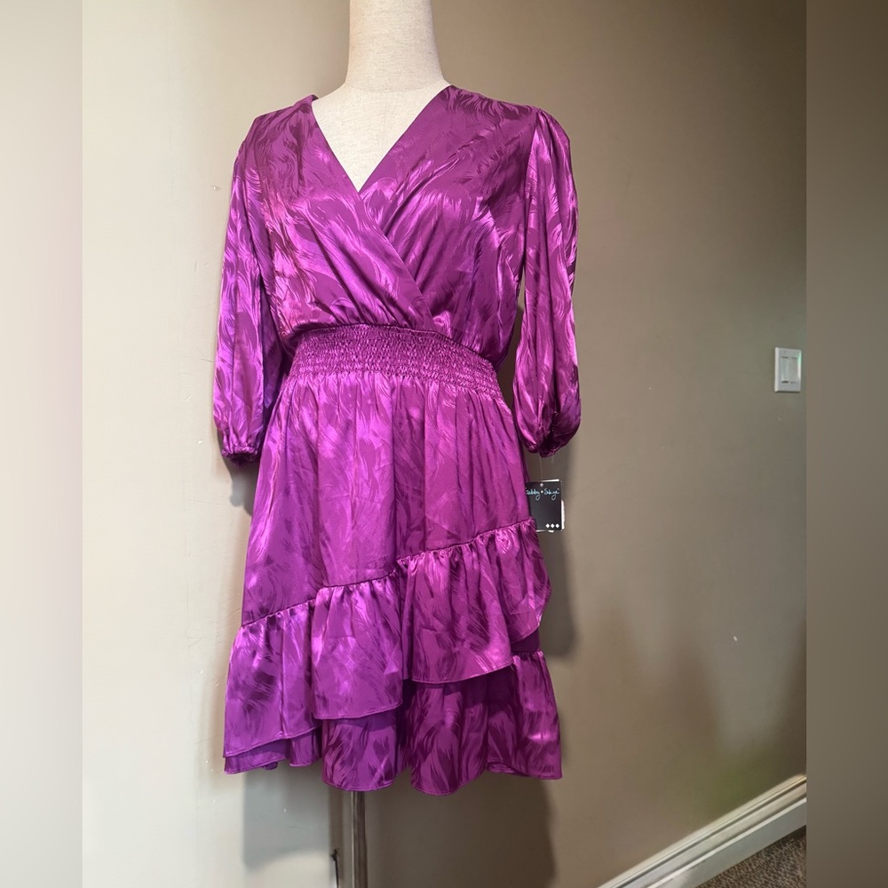 Gabby Skye Purple Wrap Tiered Ruffled Cocktail Dress